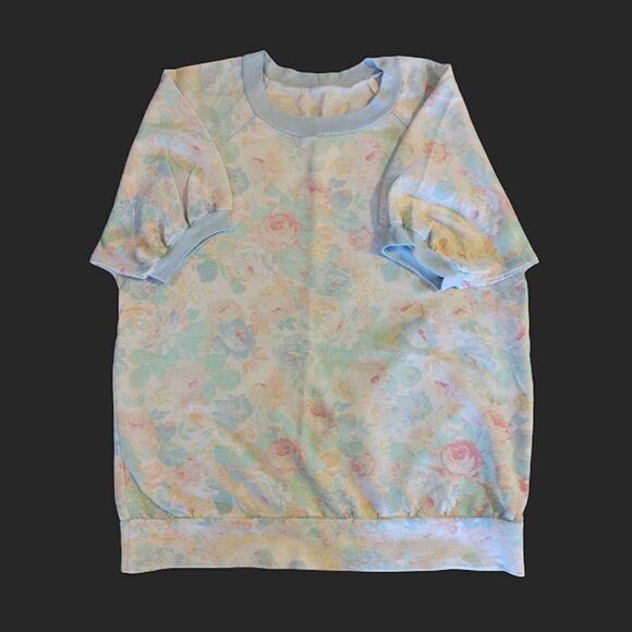 VTG 80s White Blue Floral Short Sleeve Pullover Sweatshirt *Fits like Medium - Picture 6 of 9